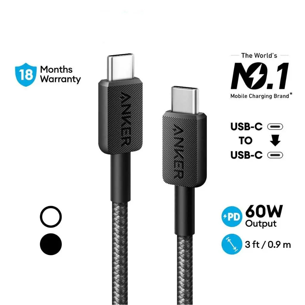 Anker 322 USB-C to USB-C Cable 60W Braided (0.9m/3ft) -Black